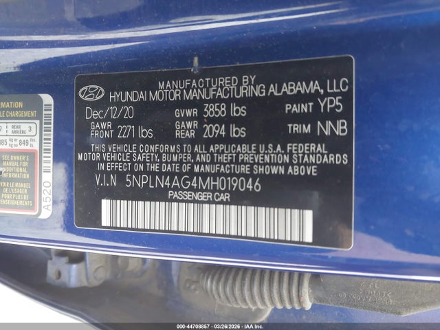 Aukcja sprzedaży 2021 Hyundai Elantra Sel, vin: 5NPLN4AG4MH019046, numer aukcji: 44708857