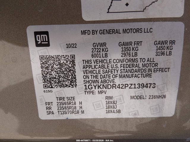 44708871 :رقم المزاد ، 1GYKNDR42PZ139473 vin ، 2023 Cadillac Xt5 Awd Premium Luxury مزاد بيع