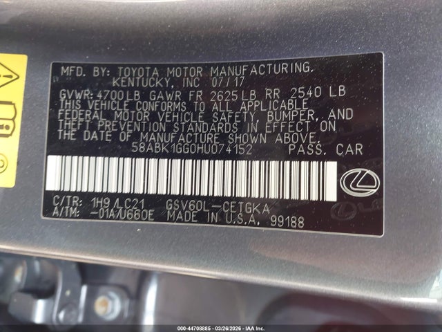 44708885 :رقم المزاد ، 58ABK1GG0HU074152 vin ، 2017 Lexus Es 350 مزاد بيع