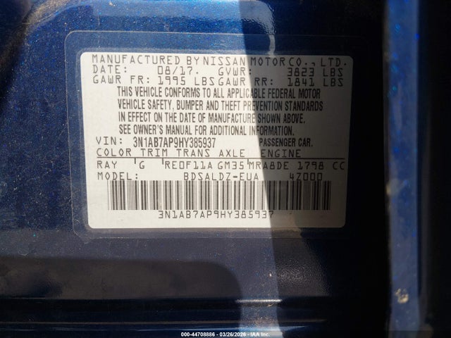 Aukcja sprzedaży 2017 Nissan Sentra Sv, vin: 3N1AB7AP9HY385937, numer aukcji: 44708886