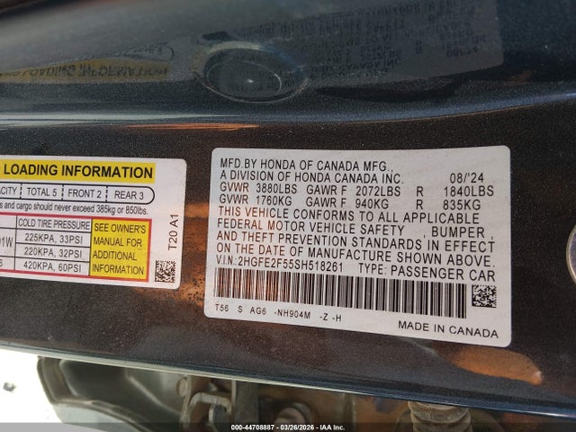 44708887 :رقم المزاد ، 2HGFE2F55SH518261 vin ، 2025 Honda Civic Sport مزاد بيع