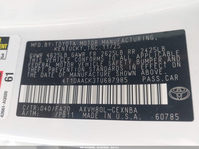 44708906 :رقم المزاد ، 4T1DAACK3TU687985 vin ، 2026 Toyota Camry Le مزاد بيع