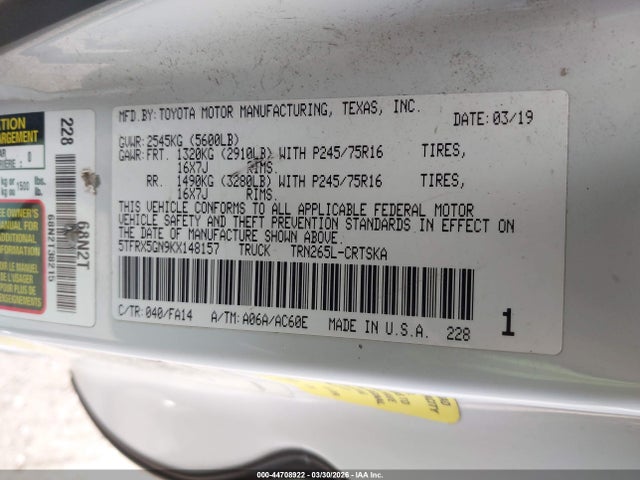 Продаж на аукціоні авто 2019 Toyota Tacoma Sr, vin: 5TFRX5GN9KX148157, номер лоту: 44708922