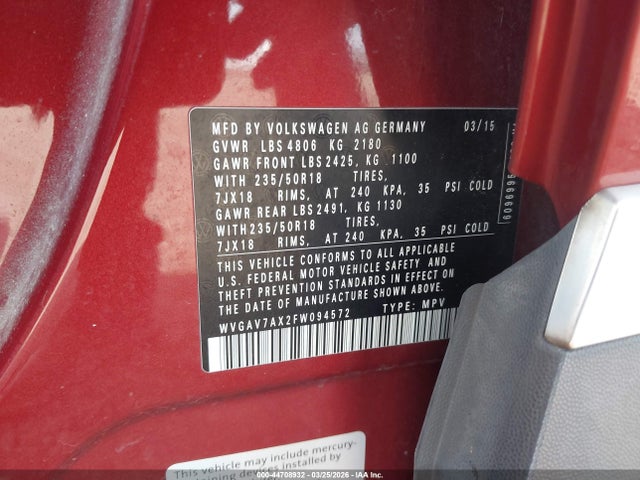 44708932 :رقم المزاد ، WVGAV7AX2FW094572 vin ، 2015 Volkswagen Tiguan Sel مزاد بيع