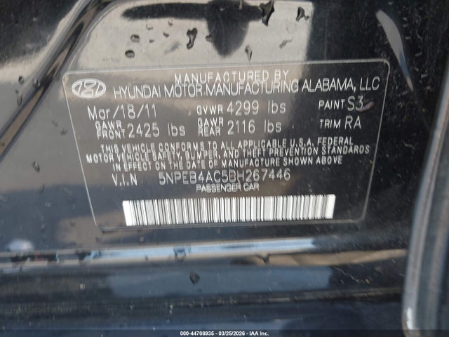 Aukcja sprzedaży 2011 Hyundai Sonata Gls, vin: 5NPEB4AC5BH267446, numer aukcji: 44708935