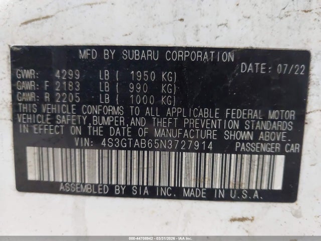 Продаж на аукціоні авто 2022 Subaru Impreza Base 5-door, vin: 4S3GTAB65N3727914, номер лоту: 44708942