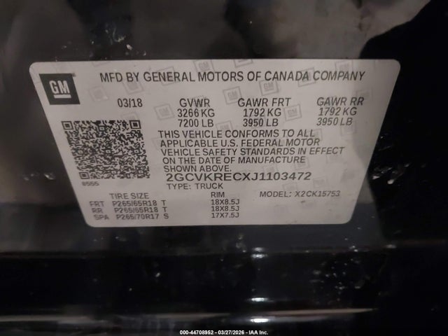 Auction sale of the 2018 Chevrolet Silverado 1500 2lt, vin: 2GCVKRECXJ1103472, lot number: 44708952