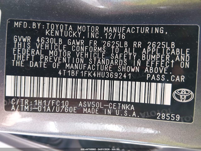 2017 Toyota Camry Le მანქანა იყიდება აუქციონზე, vin: 4T1BF1FK4HU369241, აუქციონის ნომერი: 44708965