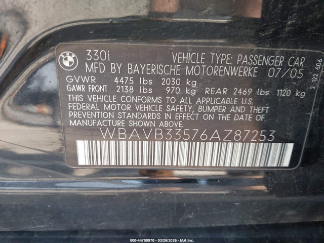 44708970 :رقم المزاد ، WBAVB33576AZ87253 vin ، 2006 Bmw 330i مزاد بيع