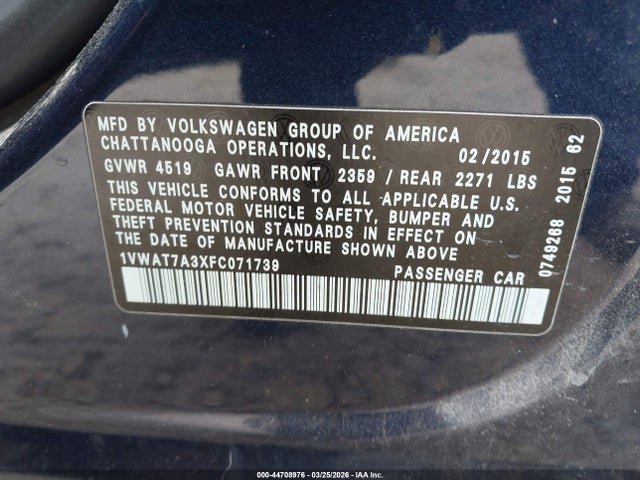 Продажа на аукционе авто 2015 Volkswagen Passat 1.8t Limited Edition, vin: 1VWAT7A3XFC071739, номер лота: 44708976