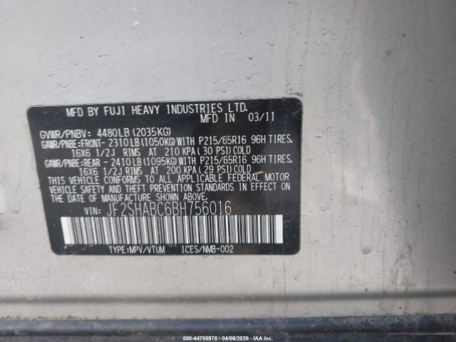 Aukcja sprzedaży 2011 Subaru Forester 2.5x, vin: JF2SHABC6BH756016, numer aukcji: 44708978