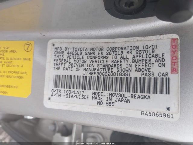 44708988 :رقم المزاد ، JTHBF30G620018381 vin ، 2002 Lexus Es 300 مزاد بيع