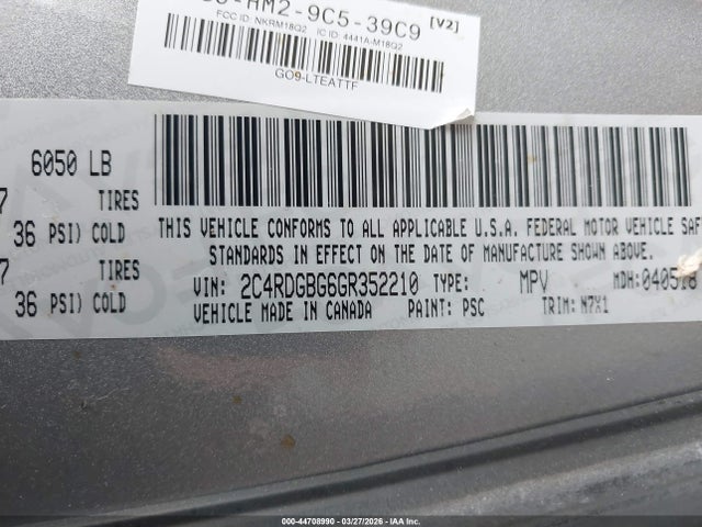 2016 Dodge Grand Caravan Se Plus მანქანა იყიდება აუქციონზე, vin: 2C4RDGBG6GR352210, აუქციონის ნომერი: 44708990