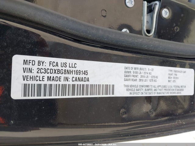 2C3CDXBG8NH169145 Dodge Charger Sxt Rwd