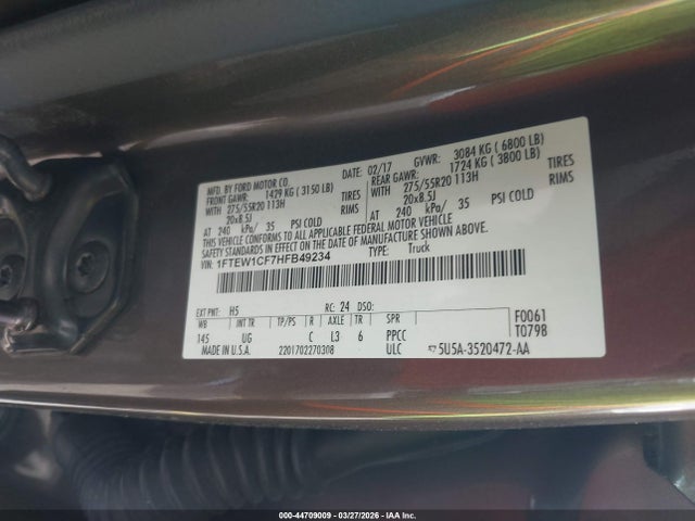 Продажа на аукционе авто 2017 Ford F-150 Xlt, vin: 1FTEW1CF7HFB49234, номер лота: 44709009