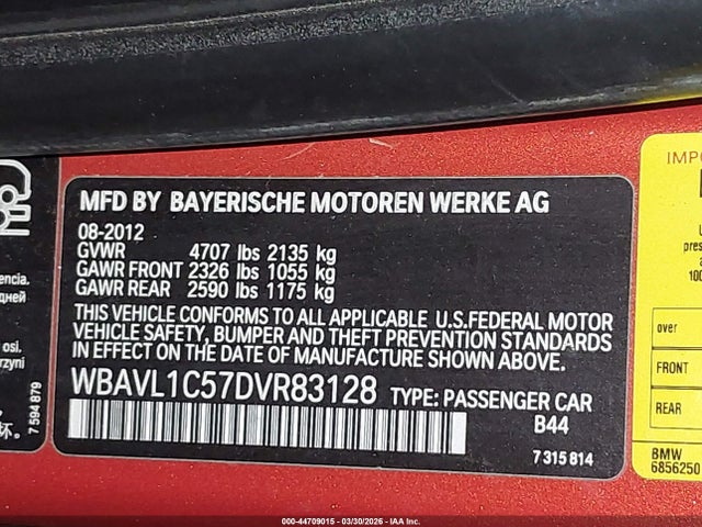 44709015 :رقم المزاد ، WBAVL1C57DVR83128 vin ، 2013 Bmw X1 Xdrive28i مزاد بيع
