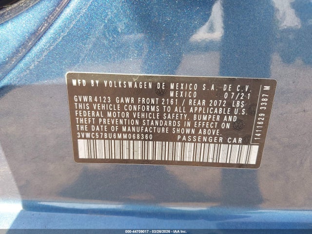 44709017 :رقم المزاد ، 3VWC57BU6MM068360 vin ، 2021 Volkswagen Jetta 1.4t R-line/1.4t S/1.4t Se مزاد بيع
