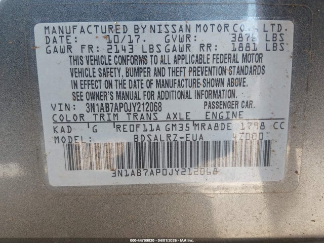 Aukcja sprzedaży 2018 Nissan Sentra Sr, vin: 3N1AB7AP0JY212068, numer aukcji: 44709020