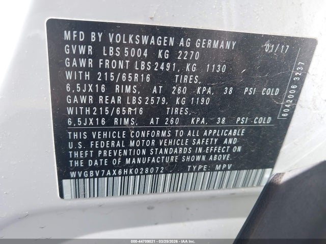 WVGBV7AX6HK028072 Volkswagen Tiguan 2.0t/2.0t S