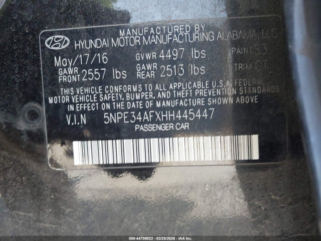 2017 Hyundai Sonata Sport მანქანა იყიდება აუქციონზე, vin: 5NPE34AFXHH445447, აუქციონის ნომერი: 44709022