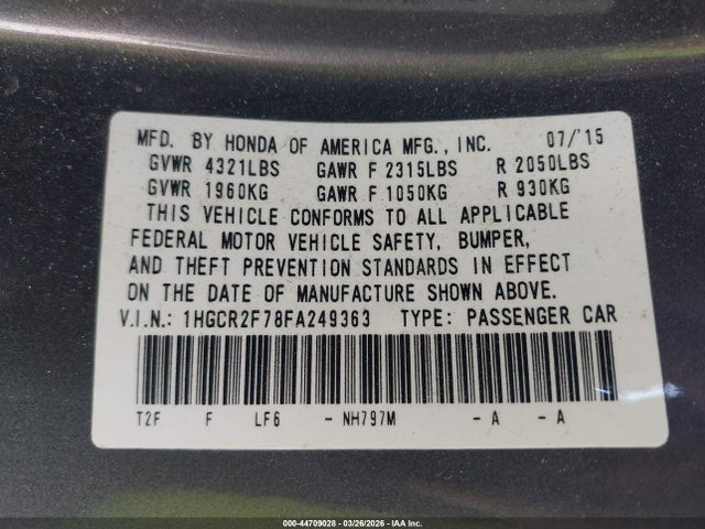 Honda ACCORD EX 2015 1HGCR2F78FA249363 Image 9