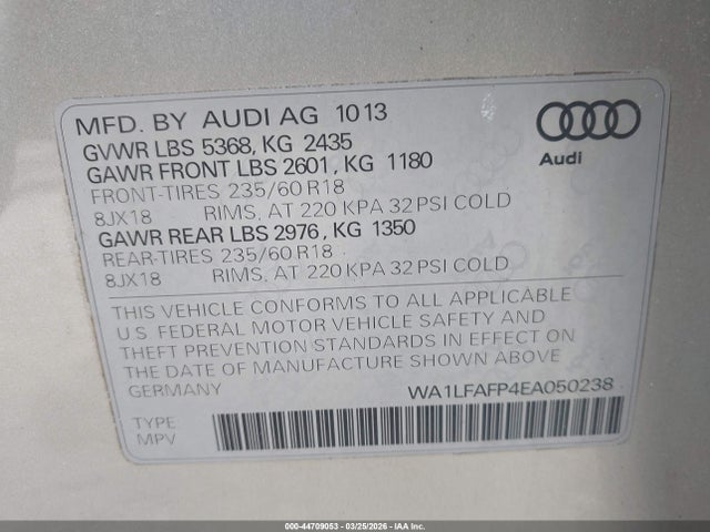 Продажа на аукционе авто 2014 Audi Q5 2.0t Premium, vin: WA1LFAFP4EA050238, номер лота: 44709053