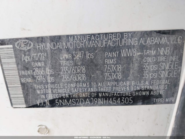 2022 Hyundai Santa Fe Sel მანქანა იყიდება აუქციონზე, vin: 5NMS2DAJ9NH454305, აუქციონის ნომერი: 44709063