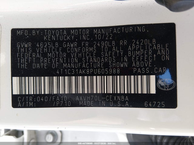 2023 Toyota Camry Le Hybrid მანქანა იყიდება აუქციონზე, vin: 4T1C31AK8PU605988, აუქციონის ნომერი: 44709069