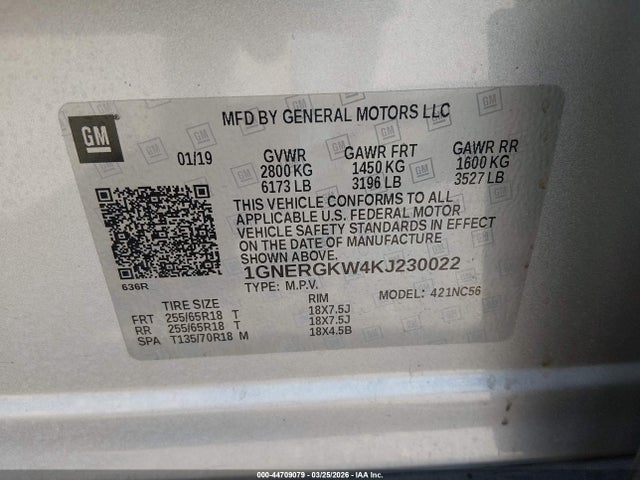 Chevrolet Traverse 1lt 2019 1GNERGKW4KJ230022 Image 9