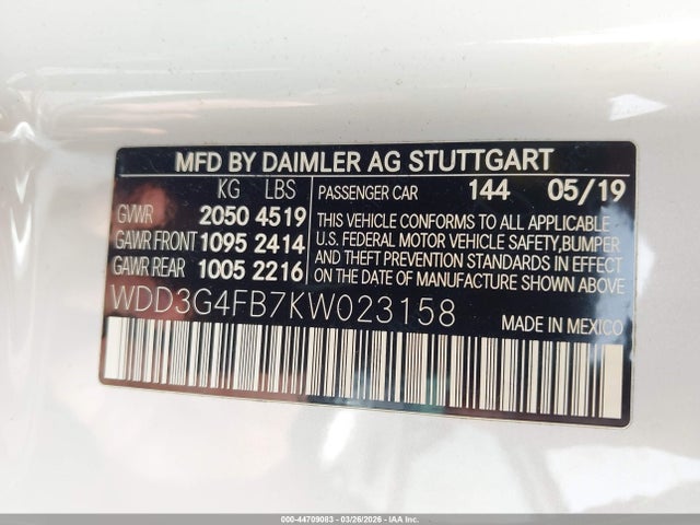 44709083 :رقم المزاد ، WDD3G4FB7KW023158 vin ، 2019 Mercedes-benz A 220 4matic مزاد بيع