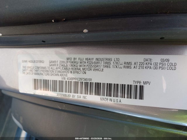44709092 :رقم المزاد ، 4S4BP61C297345191 vin ، 2009 Subaru Outback 2.5i مزاد بيع