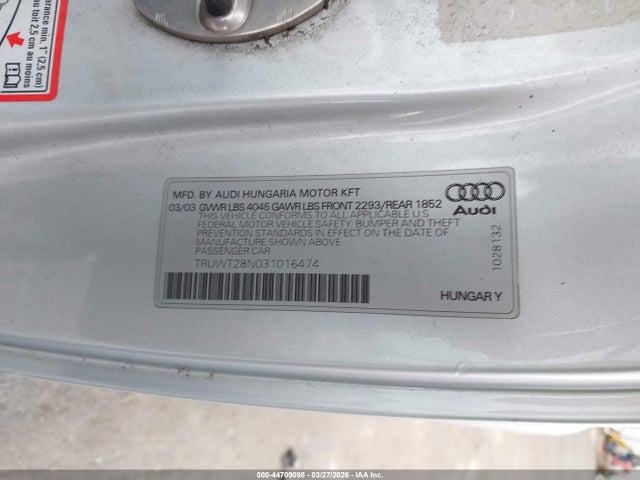 2003 Audi Tt 1.8l მანქანა იყიდება აუქციონზე, vin: TRUWT28N031016474, აუქციონის ნომერი: 44709098
