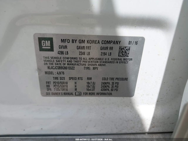 2016 Buick Encore Leather მანქანა იყიდება აუქციონზე, vin: KL4CJCSB9GB615522, აუქციონის ნომერი: 44709112