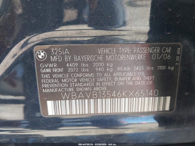 Продажа на аукционе авто 2006 Bmw 325i, vin: WBAVB13546KX65140, номер лота: 44709124