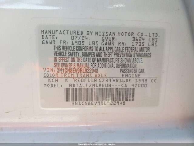 Auction sale of the 2024 Nissan Versa 1.6 Sv, vin: 3N1CN8EV9RL922948, lot number: 44709134