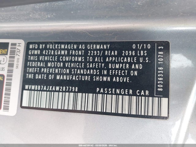 44709142 :رقم المزاد ، WVWBB7AJXAW287798 vin ، 2010 Volkswagen Golf 2-door مزاد بيع