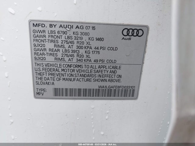 Aukcja sprzedaży 2015 Audi Q7 3.0t Premium, vin: WA1LGAFE8FD033101, numer aukcji: 44709149