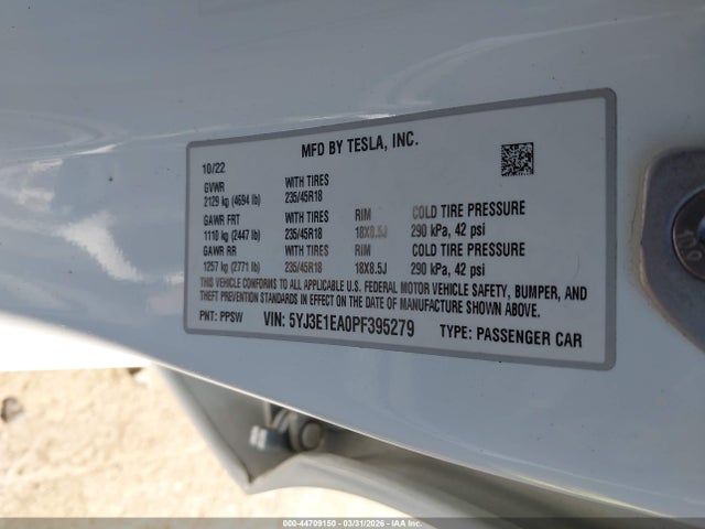 Aukcja sprzedaży 2023 Tesla Model 3 Rear-wheel Drive, vin: 5YJ3E1EA0PF395279, numer aukcji: 44709150
