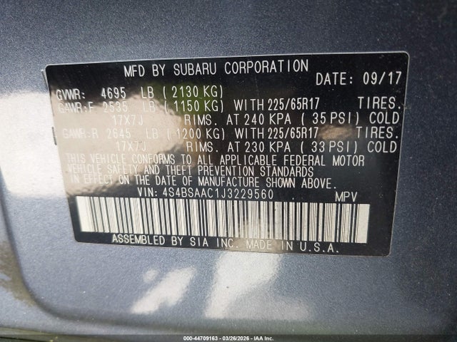 44709163 :رقم المزاد ، 4S4BSAAC1J3229560 vin ، 2018 Subaru Outback 2.5i مزاد بيع