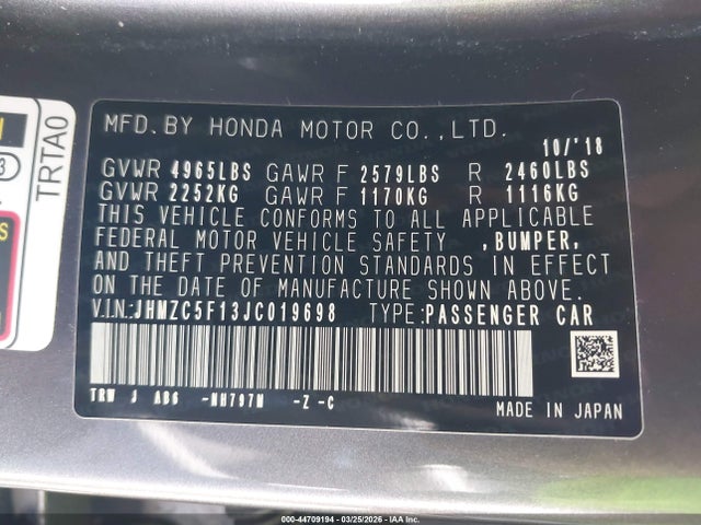 JHMZC5F13JC019698 Honda CLARITY PLUG-IN HYBRID