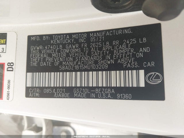44709214 :رقم المزاد ، 58ADZ1B15MU103209 vin ، 2021 Lexus Es 350 مزاد بيع