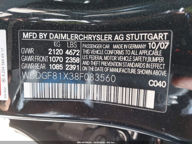 44709220 :رقم المزاد ، WDDGF81X38F083560 vin ، 2008 Mercedes-benz C 300 Luxury 4matic/sport 4matic مزاد بيع