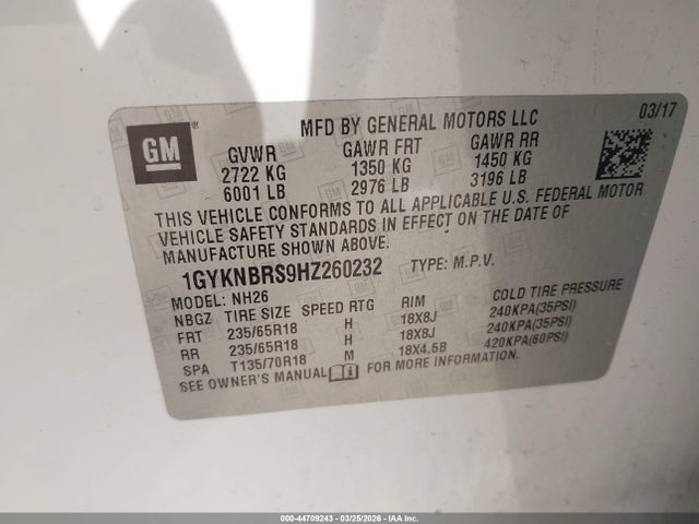 1GYKNBRS9HZ260232 Cadillac XT5 LUXURY
