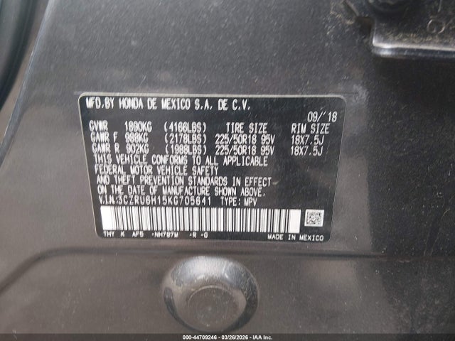 Продажа на аукционе авто 2019 Honda Hr-v Sport, vin: 3CZRU6H15KG705641, номер лота: 44709246
