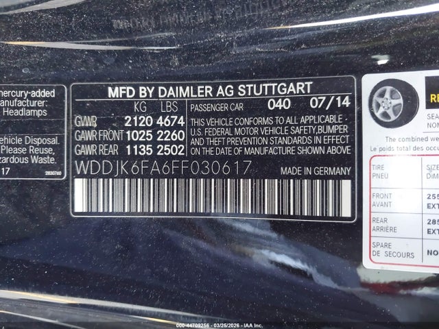 44709256 :رقم المزاد ، WDDJK6FA6FF030617 vin ، 2015 Mercedes-benz Sl 400 مزاد بيع