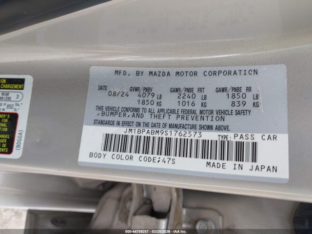 44709257 :رقم المزاد ، JM1BPABM9S1762573 vin ، 2025 Mazda Mazda3 2.5 S Select Sport مزاد بيع