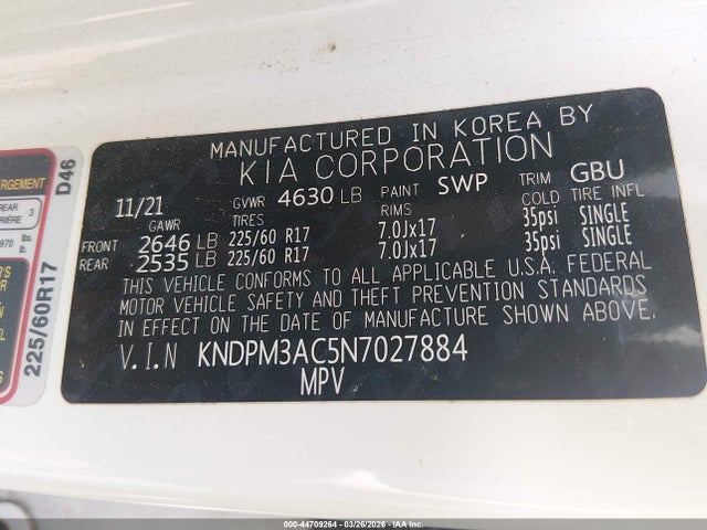 Aukcja sprzedaży 2022 Kia Sportage Lx, vin: KNDPM3AC5N7027884, numer aukcji: 44709264