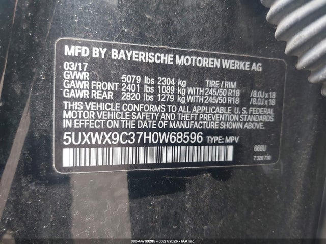 Aukcja sprzedaży 2017 Bmw X3 Xdrive28i, vin: 5UXWX9C37H0W68596, numer aukcji: 44709285