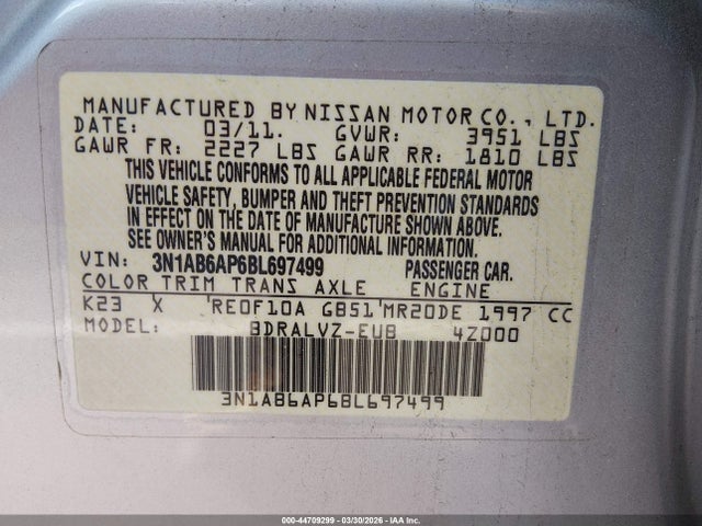 Продажа на аукционе авто 2011 Nissan Sentra 2.0sl, vin: 3N1AB6AP6BL697499, номер лота: 44709299