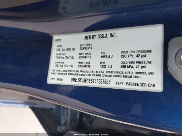 44709307 :رقم المزاد ، 5YJ3E1EB7LF667605 vin ، 2020 Tesla Model 3 Long Range Dual Motor All-wheel Drive مزاد بيع